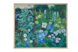 Grace B. Keogh 'Charlie's Flowers' oil painting, a vibrant floral garden in a light wood frame.