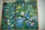 Grace B. Keogh's 'Charlie's Flowers' painting, showing a vibrant garden of blue, pink, white, and yellow blooms.