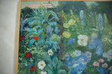 Vibrant floral oil painting Charlie's Flowers, lush blues, greens, red, and white blooms.