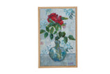 Grace B. Keogh Geranium painting: vivid red flowers in a blue vase, light wood frame.