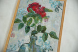 Grace B. Keogh Geranium oil painting; angled view shows red flowers and wood frame.