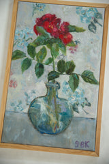 Textured oil painting with vibrant red geraniums, green leaves, soft blue background.