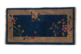 Vintage Nichols Art Deco runner with sapphire blue field, oxidized silver border, floral vinery.