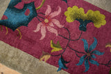 Art Deco floral blossoms with delicate vinery in burgundy, lime green, and pink.