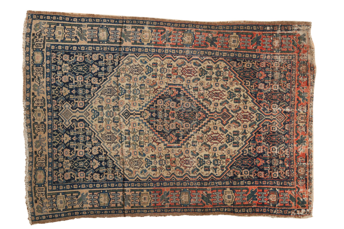 Antique Persian Senneh rug, diamond medallion, Herati motif, finned floral border in navy, ivory, tomato red. 3'7" x 4'1".