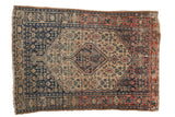 Antique Persian Senneh rug, diamond medallion, Herati motif, finned floral border in navy, ivory, tomato red. 3'7