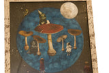 Dreamscape art with full moon, red mushroom, starry blue, and distressed frame.