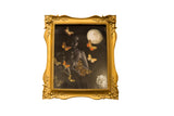 Portrait of a Past Life mixed media art in ornate gold frame, sepia figures, moon, orange butterflies.