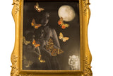 Mixed media art featuring vintage black-and-white figures and colorful butterflies.