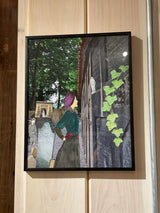 Ashkenazi Heritage mixed media art of a woman in purple hat, green ivy, cemetery background.