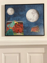 Mixed media artwork by Lillian Shad featuring a woman, red barns, and moons.