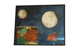Dreamer mixed media art: blue starry sky, cream moons, red barns, green figure.