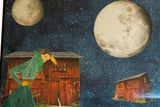 Dreamer Mixed Media Art featuring a large pale moon and a red floating barn.