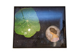 Mother Moon mixed media art, green leaf, full moon, woman profile, starry sky, 20.5x16.5 inches.