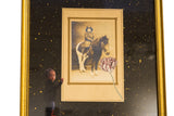 Close view of mixed media art with vintage photo, modern baby, and single tulip collage.