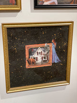 Gold-framed mixed media art with surreal collage on dark speckled background, 13x13 inches.