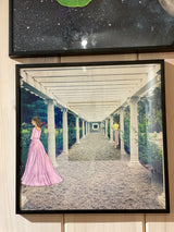 Yaddo Mixed Media Art showing two women in a long white pergola, 12.5 x 12.5 inches.