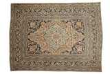 Vintage Tea Washed Doroksh carpet, central floral medallion, navy beige hues, 10'6