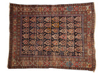 Antique hand-knotted Caucasian rug featuring a navy geometric boteh field and tribal borders.