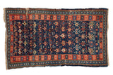 Antique Caucasian rug, abrashed cobalt blue field, allover stylized botanical motifs, 3'x4'11