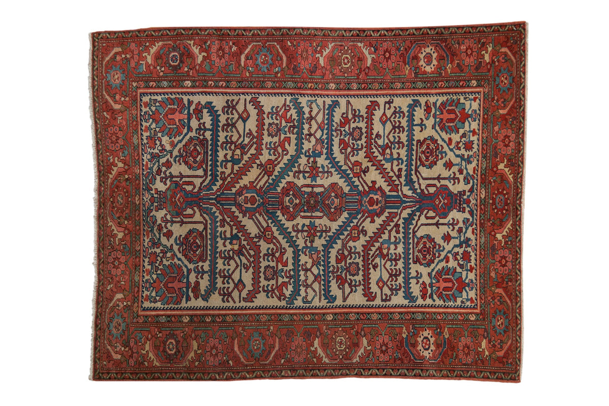 Antique Malayer rug with serrated leaves and a Herati border in red, blue, and ivory.
