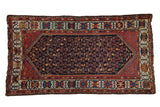 Vintage Kurdish Hamadan rug: dark navy geometric boteh field, madder red crab border.