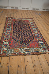 Kurdish Hamadan rug's corner with a distinctive crab style floral border and colorful geometric vinery.