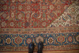 Vintage Sultanabad carpet showcasing sapphire blue Herati border, brick red field, and ivory spandrel.