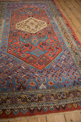 Vintage Bijar rug detail featuring sapphire blue bat-like finials and cherry red field.