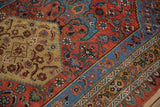 Cherry red Herati field, aquatic blue border, and saffron yellow patterns on vintage Bijar rug.