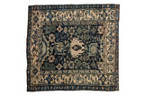 Vintage Bijar square rug with a geometric Harshang design featuring animals and blossoms in navy, ivory, and dusty teal.