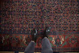Vintage Bijar rug's rich red border with mythical antlered animals, dark boots on pile.