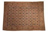 Vintage Persian Bibikabad carpet, camel field, allover serrated boteh, blue, blush floral. 9' x 12'9