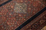 Madder red Herati pattern with tiny hummingbirds, alongside navy Turtle Samovar border.