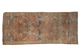 Fine distressed Malayer runner rug with allover arabesque floral design in terracotta and blue.