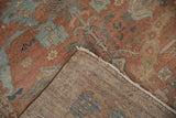 Hand-knotted Malayer rug foundation and distressed pile with checkered blue, copper motifs.
