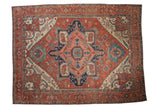 Antique Serapi carpet, oversized madder red and navy medallion, palmette field, 9'8