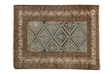 Vintage hand-knotted Malayer rug, distressed geometric starburst panels, dusty blue, beige, brown. 3'3