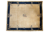 Vintage Chinese Peking square carpet, beige field, cobalt blue border, phoenix and floral motifs, 12'1