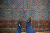 A view over the antique Fereghan carpet showing the scale of its powder blue Herati design and madder red border.