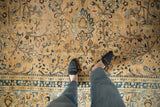 Distressed vintage Meshed carpet, detailing sand and indigo palmettes, vinery, and border.