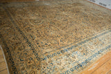 Close-up of distressed Meshed rug showcasing sand and indigo blue palmette vinery.