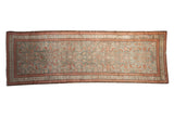 Hand-knotted distressed vintage Malayer runner in faded dusty teal and raspberry Herati pattern.