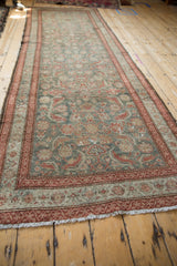 Distressed vintage Malayer runner, faded dusty teal Herati pattern and raspberry red borders.