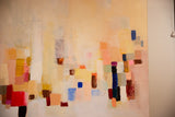 Sarah Martinez abstract with textured blocks of red, blue, orange, and beige.