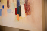 Textured impasto detail of Sarah Martinez abstract painting, showing deep red, blue, and orange strokes.