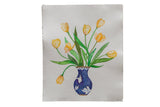 Original watercolor painting of yellow tulips in a decorative blue and white vase.