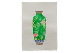 An original watercolor painting of a green antique vase with pink flowers on off-white, deckled edge paper.