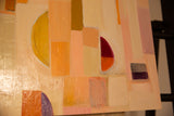 Sarah Martinez original painting, showcasing textured abstract shapes in peach, orange, crimson, and purple.