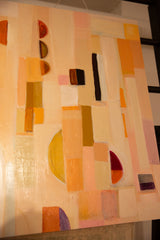 Textured brushstrokes and abstract shapes in beige, orange, and maroon acrylic paint.